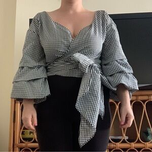 Gingham wrap blouse with ruffled 3/4 sleeves